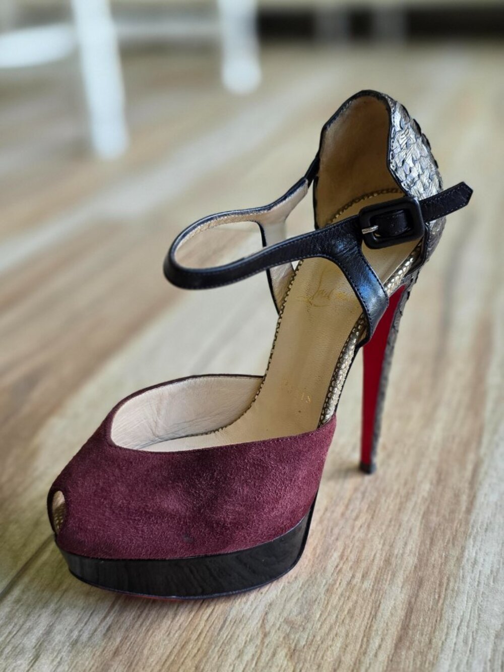 Christian Louboutin Wine Suede & Black Python D"Orsay Open toe Pumps Eur. 36